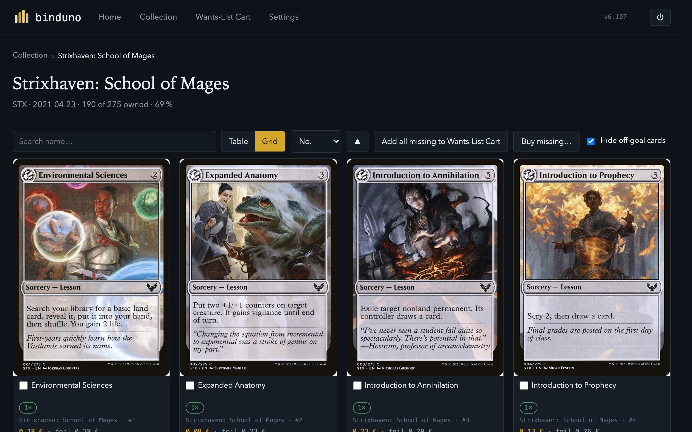 Strixhaven: School of Mages set page, grid view