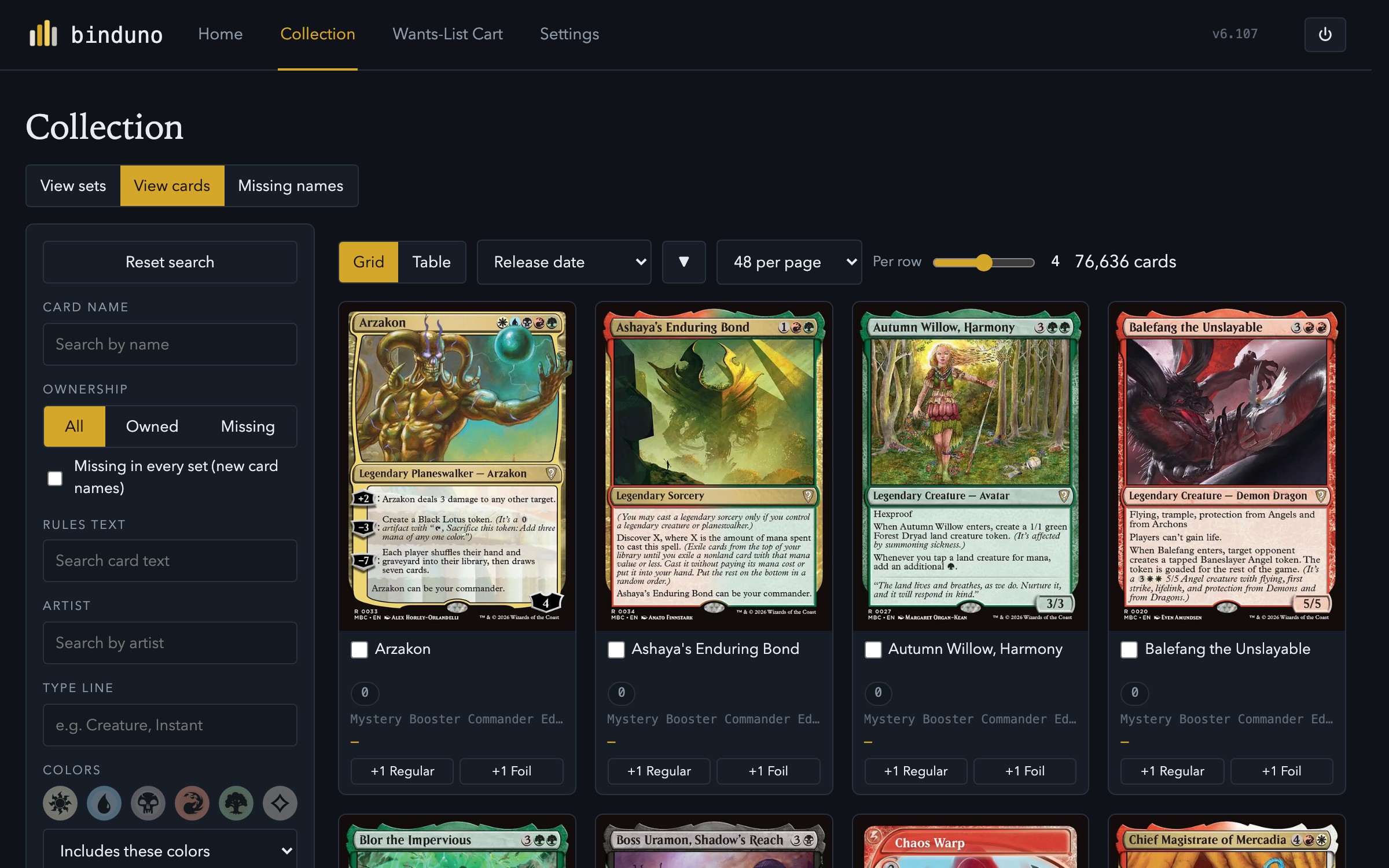 Card browser, 5 cards per row