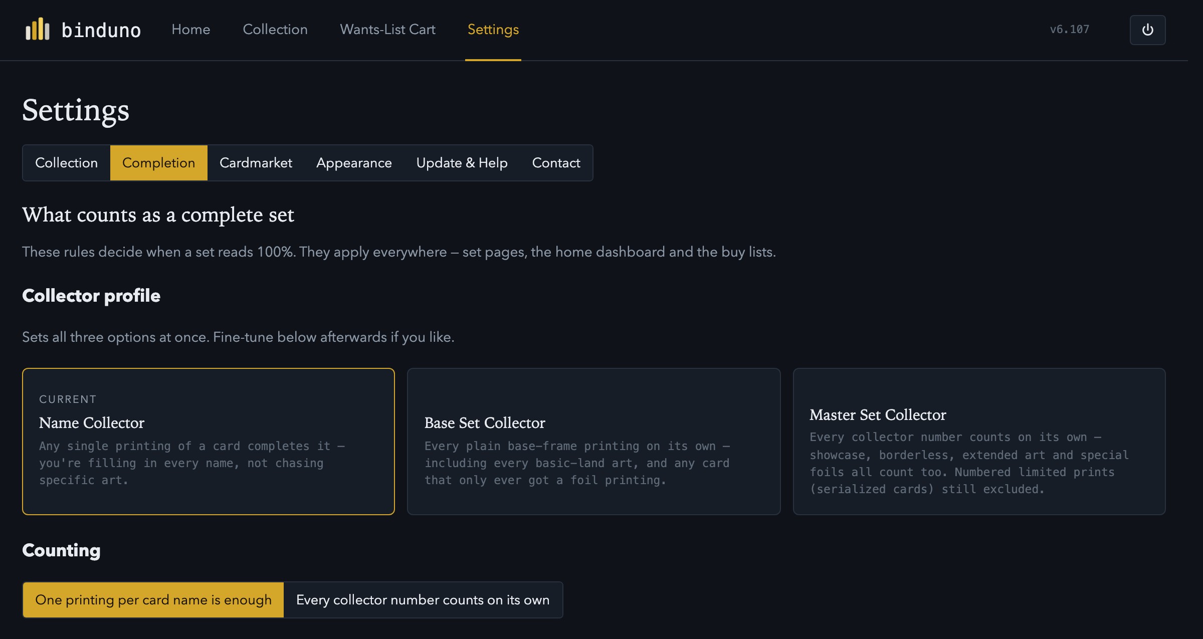 Settings page - choosing what counts toward a complete set