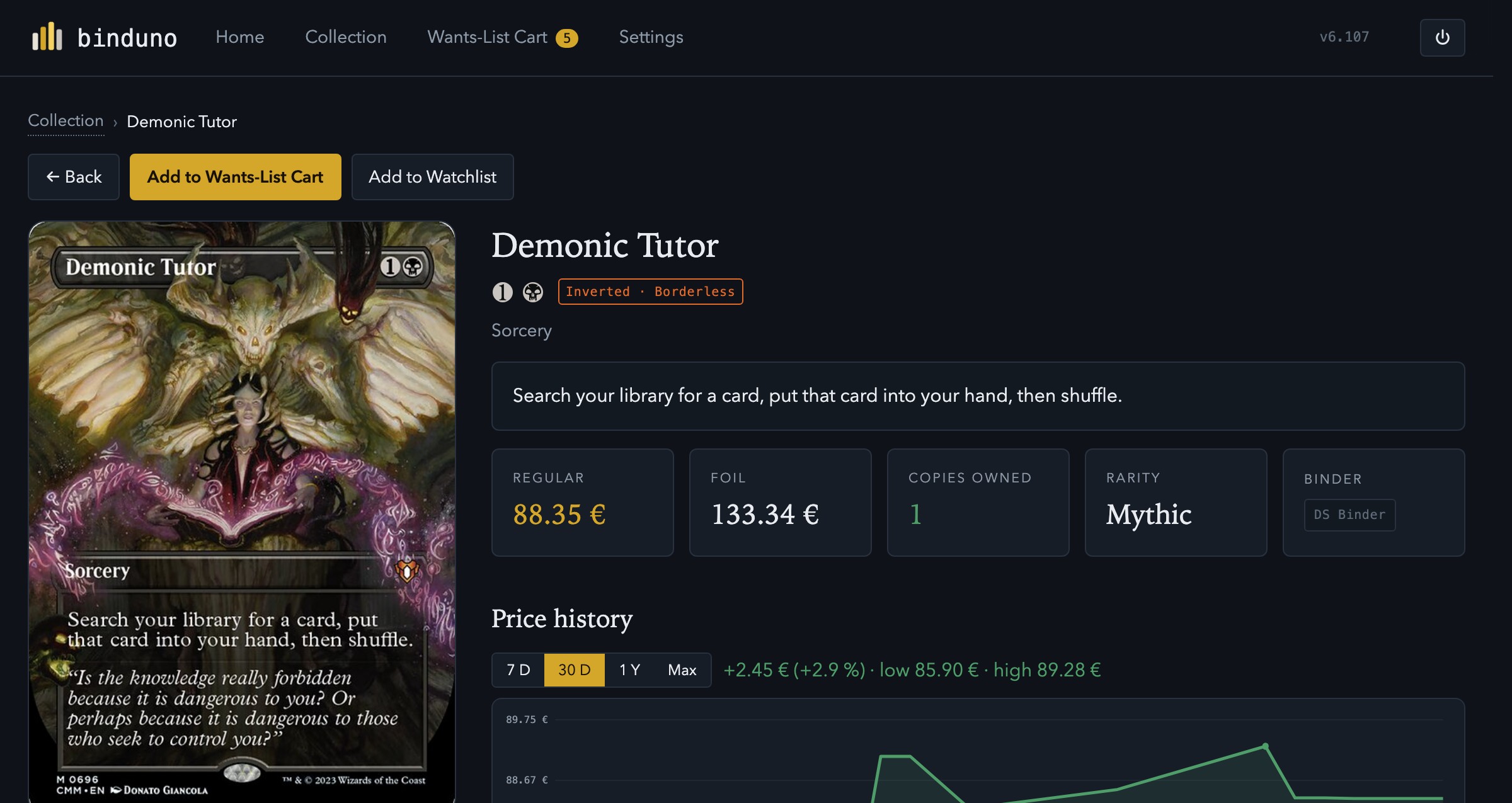Price history graph on a card page