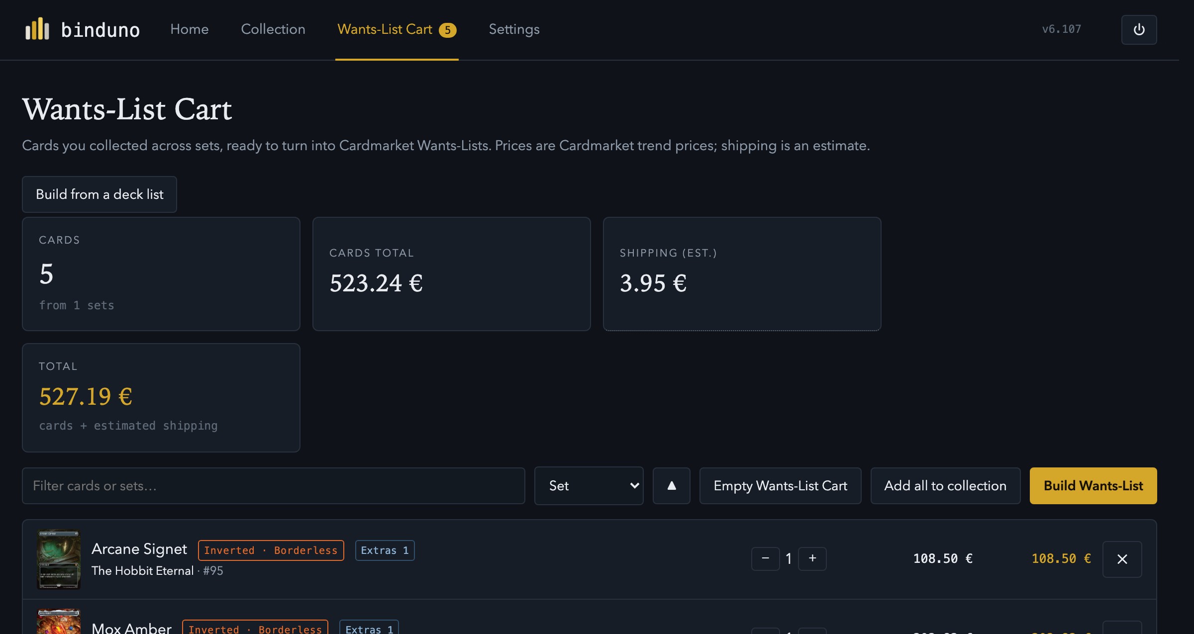 Wants-List Cart with the generated Cardmarket paste-ready list